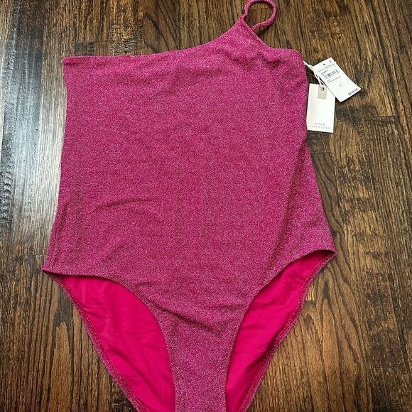 NWT Good American 90s One Shoulder Hawaiian Pink Sparkle One Piece Bathing Suit - Picture 4 of 8